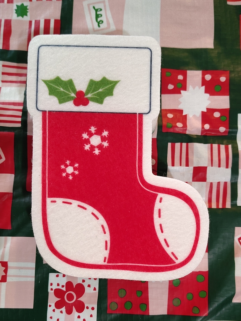 Red Sponge Christmas Stocking with Holly Accent - Holiday Home Decor